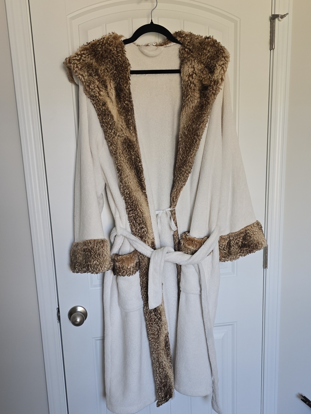 Pottery Barn Cream Robe with Brown Faux Fur Trim